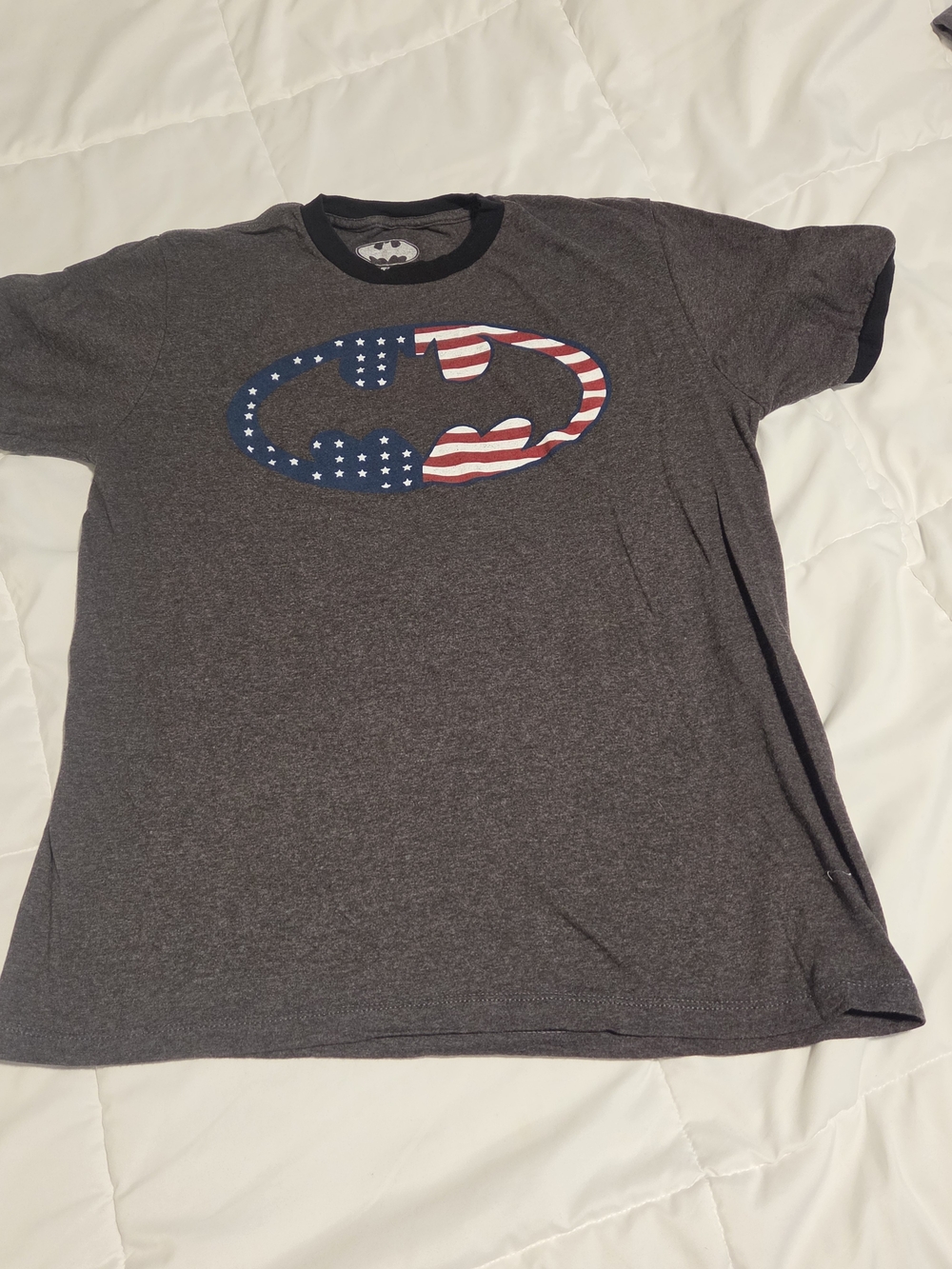 DC Men's Dark Gray Batman Logo Tee with American Flag Motif